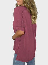 Maroon Striped Short Sleeve Ribbed V-Neck Shirt for Women