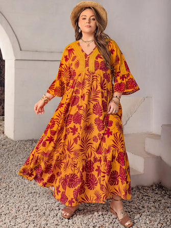 Maroon Tropical Floral Maxi Dress with Lace and Ruffle Detail Tangerine