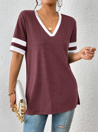 Maroon V-Neck T-Shirt with White Stripes for Women Plum