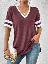 Maroon V-Neck T-Shirt with White Stripes for Women Woman T Shirts