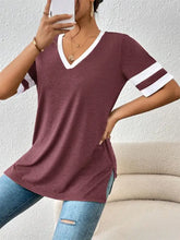 Maroon V-Neck T-Shirt with White Stripes for Women Woman T Shirts