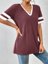 Maroon V-Neck T-Shirt with White Stripes for Women