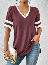 Maroon V-Neck T-Shirt with White Stripes for Women