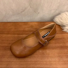 Brown square toe Mary Jane flats with buckle strap