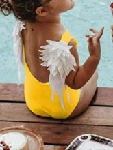 Matching Yellow Feather Swimsuit Set with Product Measurements for Kids Parent-Child Clothing