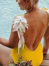 Matching Yellow Feather Swimsuit Set with Product Measurements for Kids Parent-Child Clothing