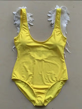 Matching Yellow Feather Swimsuit Set with Product Measurements for Kids Parent-Child Clothing