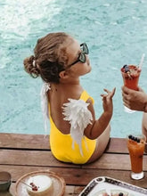 Matching Yellow Feather Swimsuit Set with Product Measurements for Kids Parent-Child Clothing