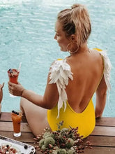 Matching Yellow Feather Swimsuit Set with Product Measurements for Kids Parent-Child Clothing