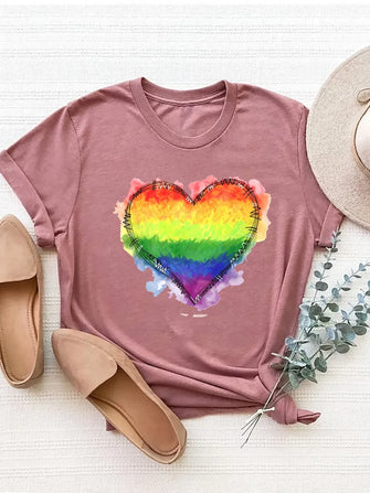 Mauve Rainbow Heart T-Shirt for Women Dusty Pink