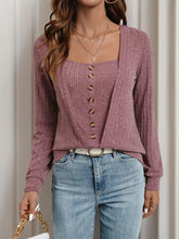 Mauve Ribbed Knit Button Front Long Sleeve Top Dusty Pink