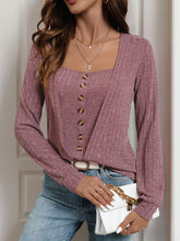 Mauve Ribbed Knit Button Front Long Sleeve Top