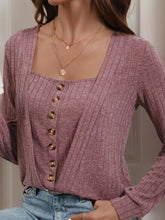 Mauve Ribbed Knit Button Front Long Sleeve Top