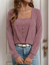 Mauve Ribbed Knit Button Front Long Sleeve Top