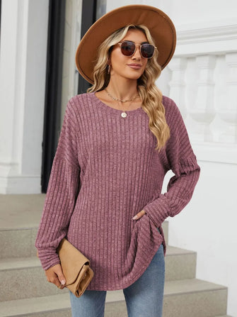 Mauve Ribbed Knit Tunic Top for Women Plum