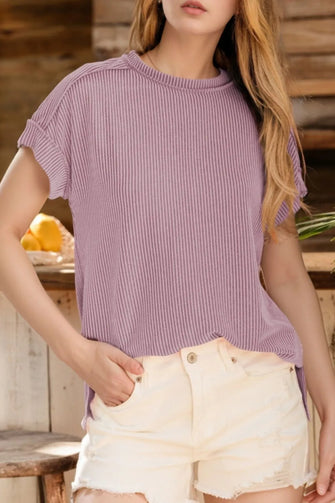 Mauve Ribbed Short Sleeve Round Neck Striped Shirt for Women Pink Purple