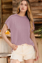 Mauve Ribbed Short Sleeve Round Neck Striped Shirt for Women