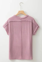 Mauve ribbed short sleeve round neck striped top on hanger
