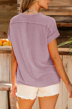 Mauve Ribbed Short Sleeve Round Neck Striped Shirt for Women