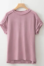 Mauve ribbed short sleeve round neck women’s top with lavender stripes