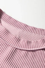 Mauve ribbed short sleeve round neck striped shirt for women