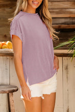 Mauve Ribbed Short Sleeve Round Neck Striped Shirt for Women