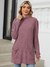 Mauve Ribbed Turtleneck Tunic with Pockets