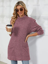 Mauve Ribbed Turtleneck Tunic with Pockets