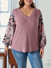 Mauve Ribbed V Neck Top with Floral Sleeves Dusty Pink