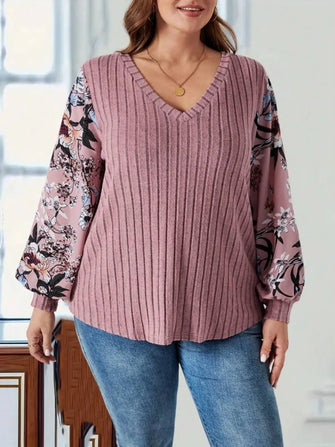 Mauve Ribbed V Neck Top with Floral Sleeves Dusty Pink