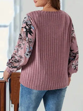 Mauve Ribbed V Neck Top with Floral Sleeves Woman T Shirts