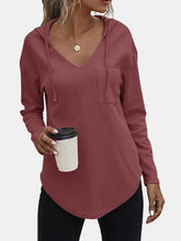 Mauve Waffle Knit Hooded Top with Pocket and Drawstring Dark Rose