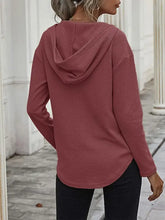 Mauve Waffle Knit Hooded Top with Pocket and Drawstring Woman T Shirts