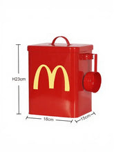 Red metallic McDonalds style pet food storage canister with yellow arch