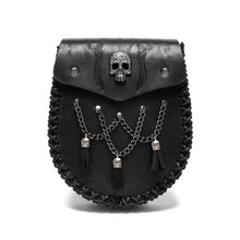 Black leather Scottish kilt bag with silver skull emblem and chain tassels