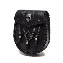 Black leather Scottish kilt bag with silver skull emblem and chain tassels
