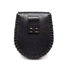 Medieval faux leather belt coin pouch in black with braided cord trim and silver snap
