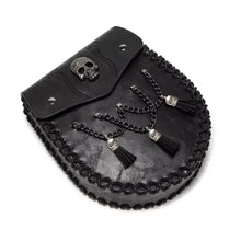 Medieval faux leather belt coin pouch with black leather skull emblem and chain tassels