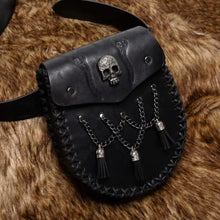 Medieval faux leather belt coin pouch with black leather, silver skull emblem, chain tassels