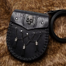 Black leather sporran with skull dagger motifs on Medieval faux leather pouch