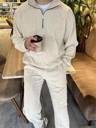 Men Beige Corduroy Tracksuit Set Beige