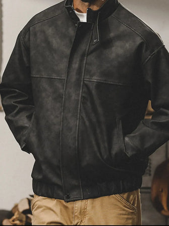 Men Black Leather Bomber Jacket Black
