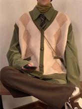 Cardigan da uomo in maglia con bottoni, motivo a rombi argyle in verde oliva e beige