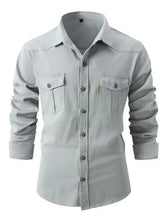 Light gray mens basic long sleeve shirt with chest pockets