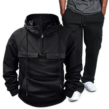 Mens Basic Style Hooded Pullover and Sweatpants Two Piece Set Black L Mens Sets