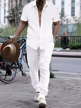 Mens Two Piece Shirt and Pants Set in Gray Blue or White Linen White Mens Sets
