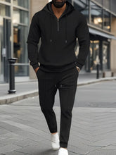 Mens Waffle Knit Hooded Tracksuit Two Piece Set Black
