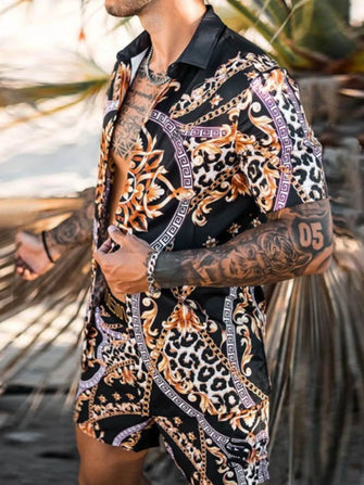 Mens Black and Gold Patterned Shirt and Shorts Set Black
