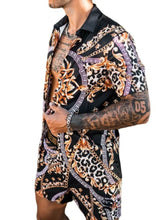 Mens Black and Gold Patterned Shirt and Shorts Set