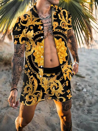 Mens Black and Gold Patterned Shirt and Shorts Set Gold